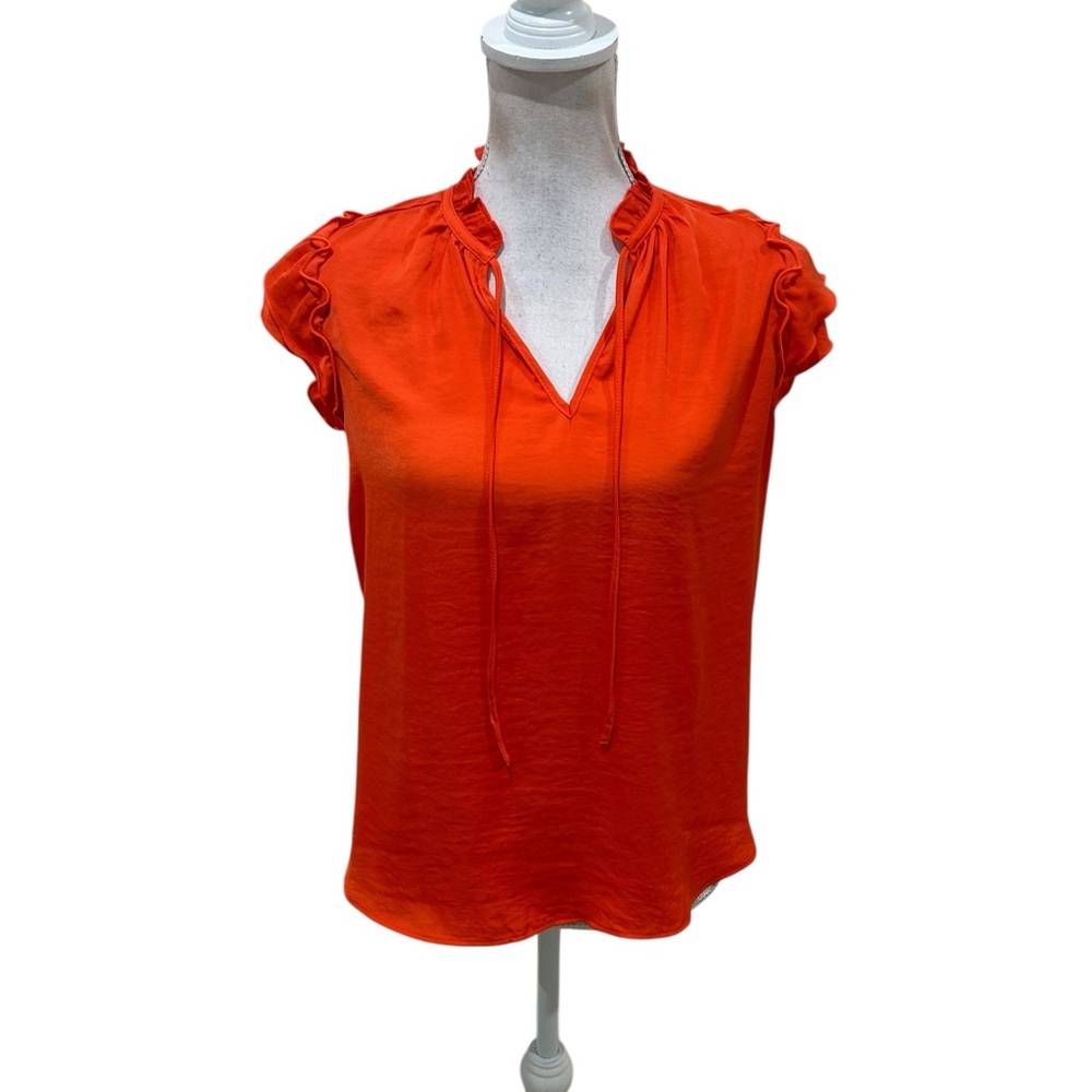 Autres filles Cap Sleeve poly lightweight orange/red Blouse split neck small